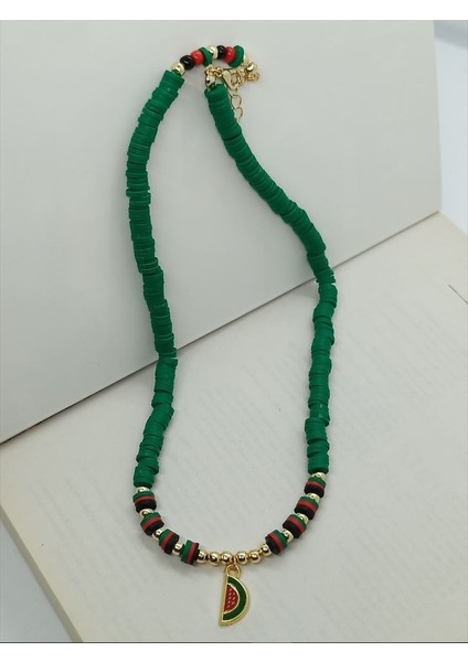 Handmade El Yapımı Koyu Yeşil Kırmızı Siyah Fimo Karpuz Gold Kadın Kolye Özel Tasarım