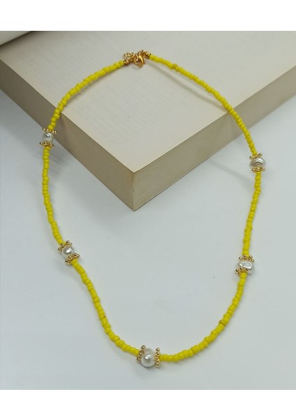 Handmade El Yapımı Sarı Renk Gold Aksesuarlı Kalp Inci Detaylı Kadın Kolye