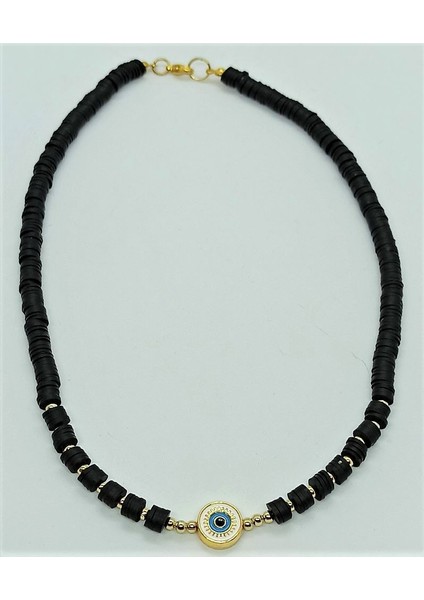 Handmade El Yapımı Siyah - Gold Nazar Detaylı Kadın Kolye