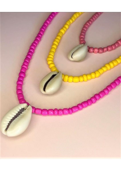 Handmade El Yapımı Deniz Kabuklu 3 Adet Pembe Sarı Mor Kolye