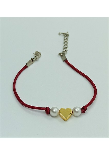 Handmade El Yapımı Bordo Kordonlu Inci ve Gold Kalp Kadın Bileklik