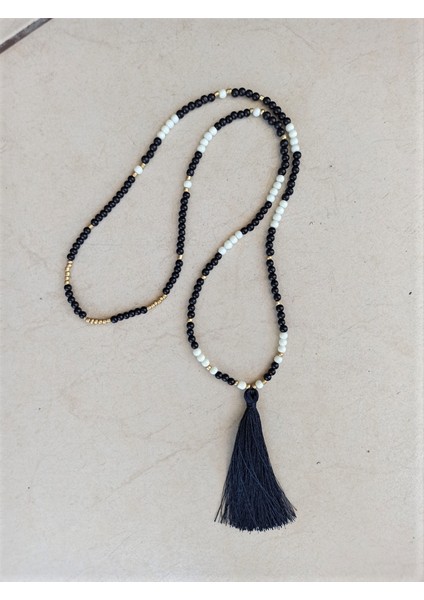Handmade El Yapımı Siyah Beyaz Gold Püsküllü Kadın Uzun Kolye