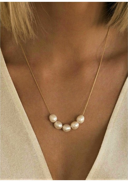 Handmade Altın Kaplama Çelik Sıkı Zincir Incili Kadın Kolye