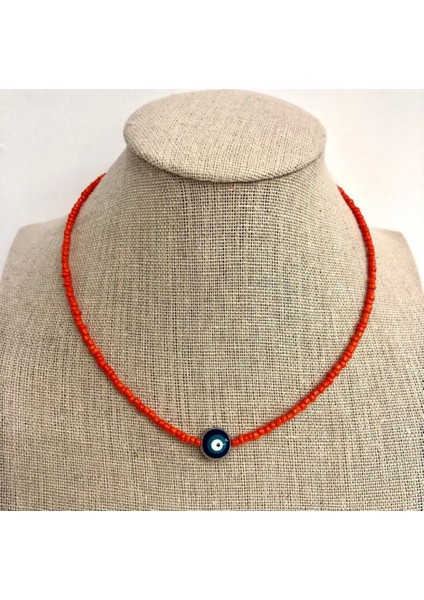 Handmade Kırmızı Kum Boncuk Nazar Boncuk Detaylı Kadın Kolye