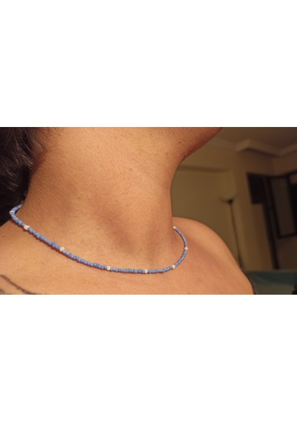 El Yapımı Mavi Beyaz Cam Boncuklu Kadın Kolye fiyatları