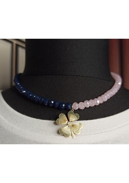 Handmade Pembe Lacivert Kristal Taş Iki Parlak Renk Altın Kaplama Kalp Yonca Kadın Kolye