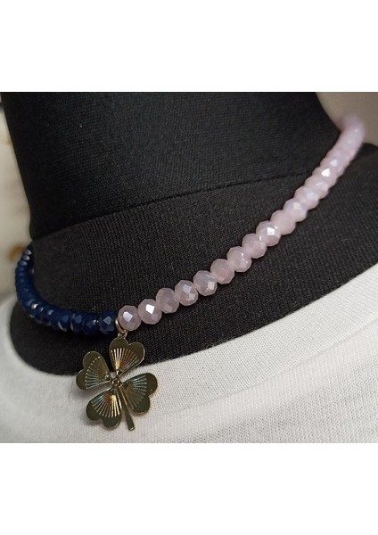 Handmade Pembe Lacivert Kristal Taş Iki Parlak Renk Altın Kaplama Kalp Yonca Kadın Kolye fiyatları