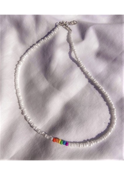 Handmade Beyaz Kum Boncuk Rainbow Pride Kolye
