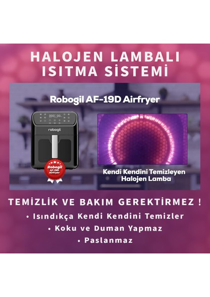 AF-19D Airfryer XXL 6,5lt Halojen Lambalı Cam Kapaklı Sıcak Hava Fritözü