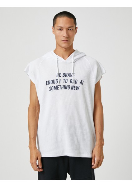 Basic Kapşonlu Spor Oversize Tişört Slogan Baskılı Kolsuz