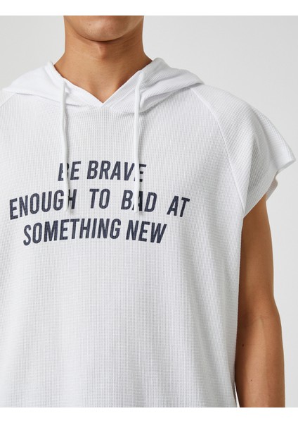 Basic Kapşonlu Spor Oversize Tişört Slogan Baskılı Kolsuz