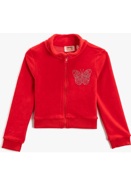 Dik Yaka Fermuarlı Polar Hırka Uzun Kollu Kelebek Işleme Detaylı