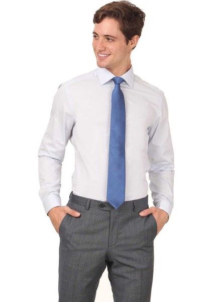 Mavi Düz Slim Fit Dokuma Klasik Pamuk Karışımlı Gömlek