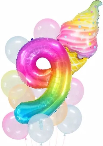 Gökkuşağı Rakam ve Dondurma Balon Set Balon Folyo Set Konsept Doğum Günü Set Yaş Balon Set