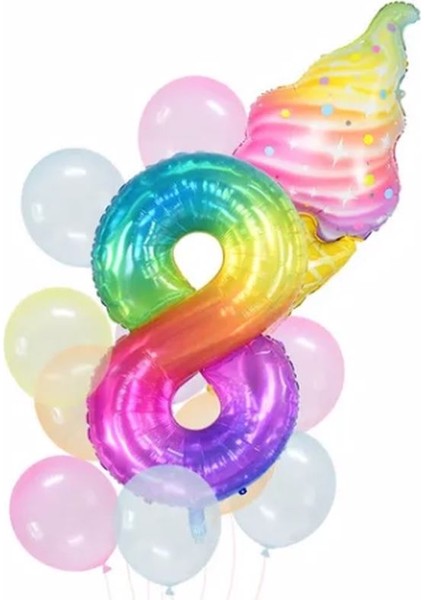 Gökkuşağı Rakam ve Dondurma Balon Set Balon Folyo Set Konsept Doğum Günü Set Yaş Balon Set