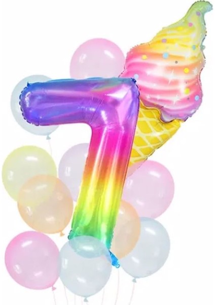 Gökkuşağı Rakam ve Dondurma Balon Set Balon Folyo Set Konsept Doğum Günü Set Yaş Balon Set