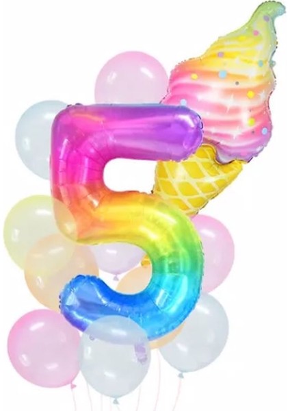 Gökkuşağı Rakam ve Dondurma Balon Set Balon Folyo Set Konsept Doğum Günü Set Yaş Balon Set