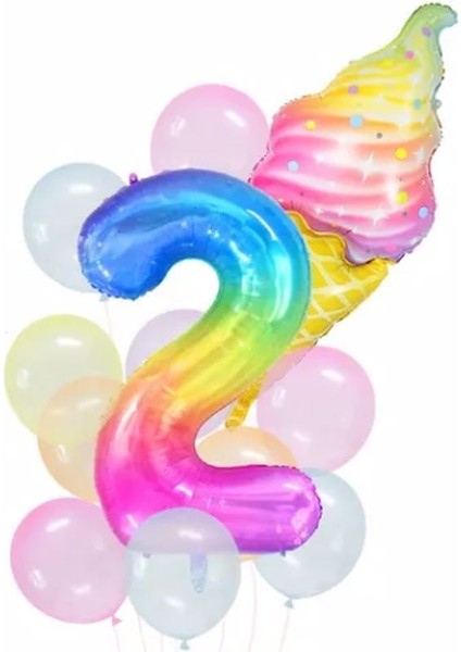 Gökkuşağı Rakam ve Dondurma Balon Set Balon Folyo Set Konsept Doğum Günü Set Yaş Balon Set