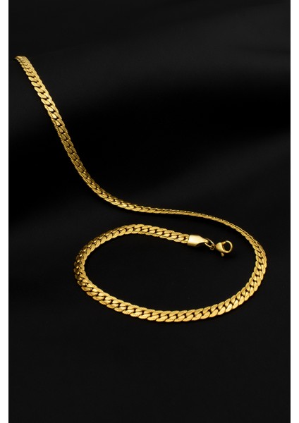 Desenli Ezme Zincir Paslanmaz Çelik Kolye Altın Renk- 5mm