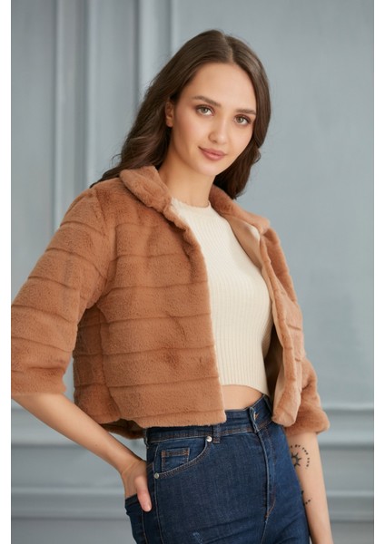 My Style Kadın Camel Truvakar Kol Önü Kapamasız Peluş Bolero