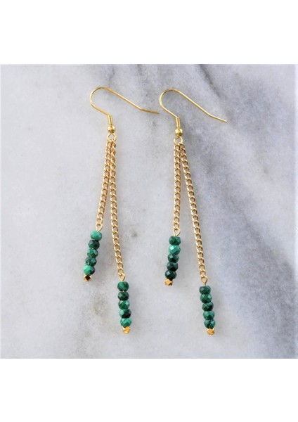 Handmade Yeşil Kristal Yaş Altın Kaplama Zincirli Çivi Kadın Küpe