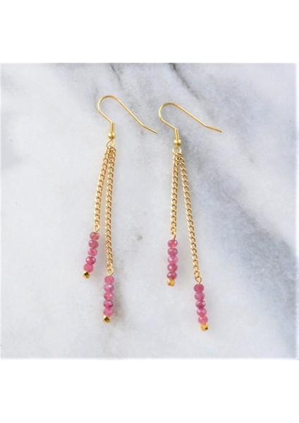 Handmade Altın Kaplama Zincirli Pembe Kristal Taş Sallantılı Çivi Kadın Küpe