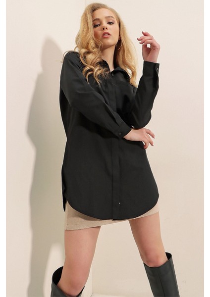 Kadın Siyah Yırtmaçlı Basic Uzun Kollu Boyfriend Poplin Uzun Gömlek HZL22W-BD138791 fiyatları