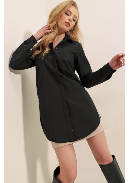 Kadın Siyah Yırtmaçlı Basic Uzun Kollu Boyfriend Poplin Uzun Gömlek HZL22W-BD138791 modelleri