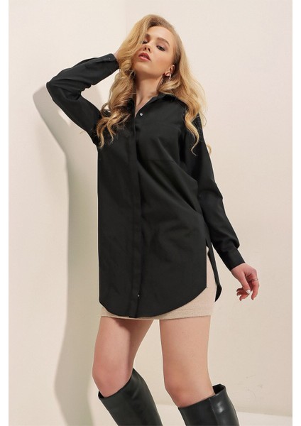 Kadın Siyah Yırtmaçlı Basic Uzun Kollu Boyfriend Poplin Uzun Gömlek HZL22W-BD138791 fırsatları
