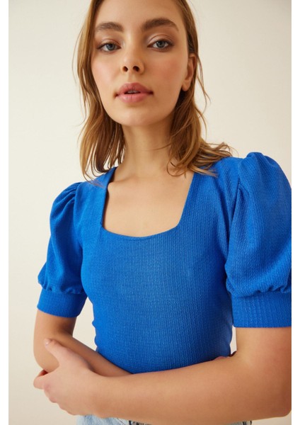 Kadın Kobalt Mavi Kare Yaka Örme Bluz HZL22W-BD104091