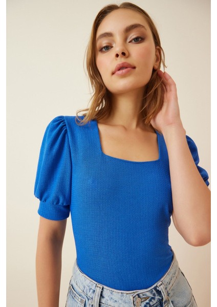 Kadın Kobalt Mavi Kare Yaka Örme Bluz HZL22W-BD104091 modelleri