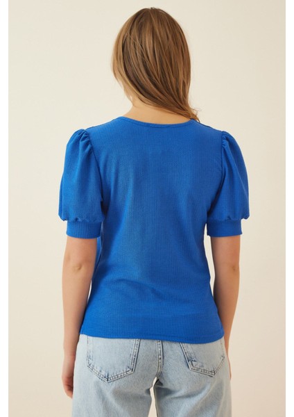 Kadın Kobalt Mavi Kare Yaka Örme Bluz HZL22W-BD104091 fırsatları