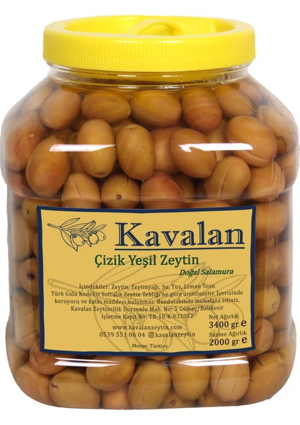 İyi Tarım Uyg. -2 kg Süzme Ağırlık- Domat Çizik Yeşil Zeytin Doğal Salamura 3000 cc