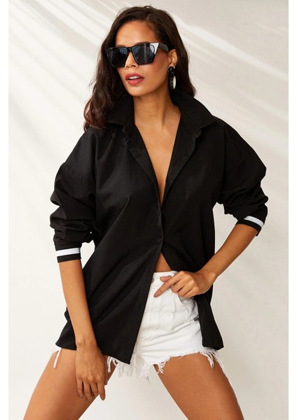 Kadın Siyah Oversize Uzun Ribanalı Gömlek HZL22S-RT110011