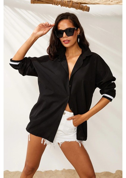 Kadın Siyah Oversize Uzun Ribanalı Gömlek HZL22S-RT110011 fiyatları