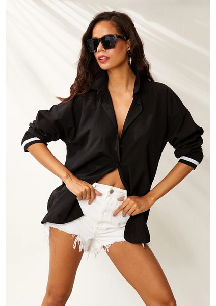 Kadın Siyah Oversize Uzun Ribanalı Gömlek HZL22S-RT110011 modelleri