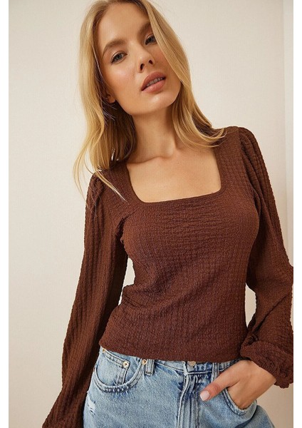 Kadın Çikolata Balon Kol Dokulu Kare Yaka Trend Örme Bluz HZL23W-BD104421 fiyatları