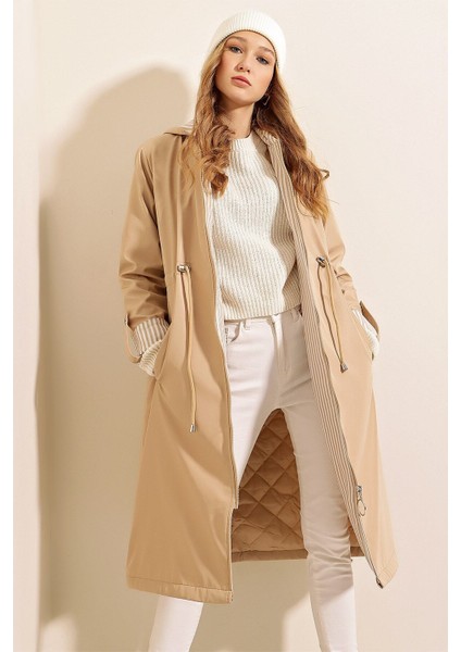 Kadın Bej Beli Büzgülü Kapşonlu Uzun Trençkot HZL22W-BD190911 indirimleri