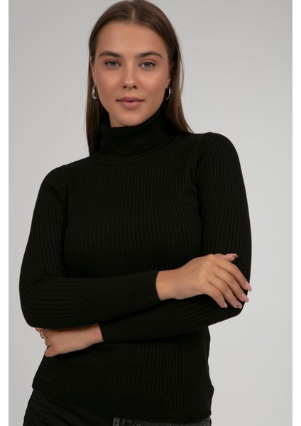 Kadın Siyah Boğazlı Fitilli Triko Balıkçı Yaka Kazak HZL22W-BD1445001