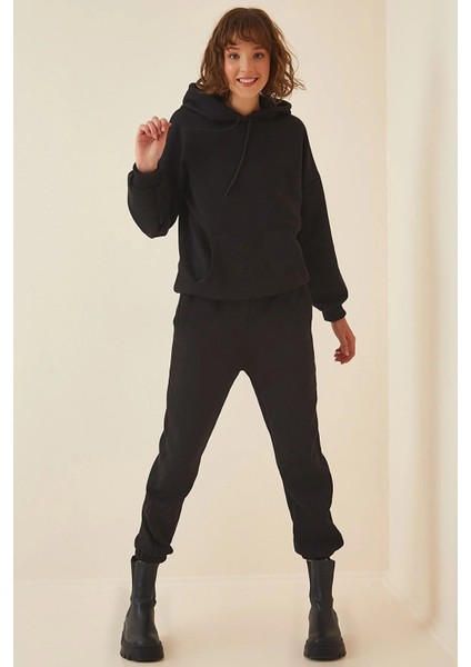 Kadın Siyah Oversize Kapüşonlu Polarlı Eşofman Takımı HZL22W-BD1553231