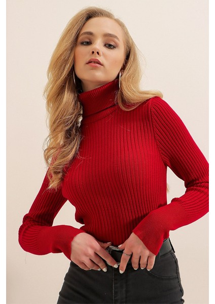Kadın Kırmızı Boğazlı Fitilli Triko Balıkçı Yaka Kazak HZL22W-BD1445001 fiyatları