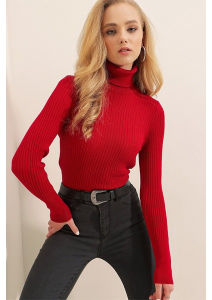 Kadın Kırmızı Boğazlı Fitilli Triko Balıkçı Yaka Kazak HZL22W-BD1445001 modelleri