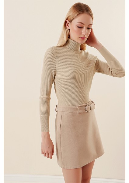 Kadın Bej Boğazlı Fitilli Triko Balıkçı Yaka Kazak HZL22W-BD1445001 fiyatları