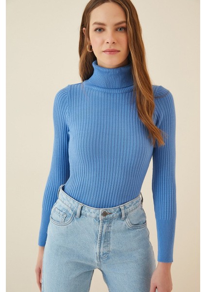 Kadın Mavi Boğazlı Fitilli Triko Balıkçı Yaka Kazak HZL22W-BD1445001