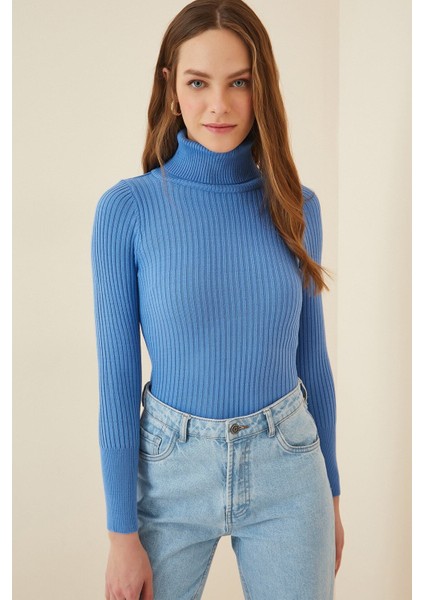 Kadın Mavi Boğazlı Fitilli Triko Balıkçı Yaka Kazak HZL22W-BD1445001 fiyatları