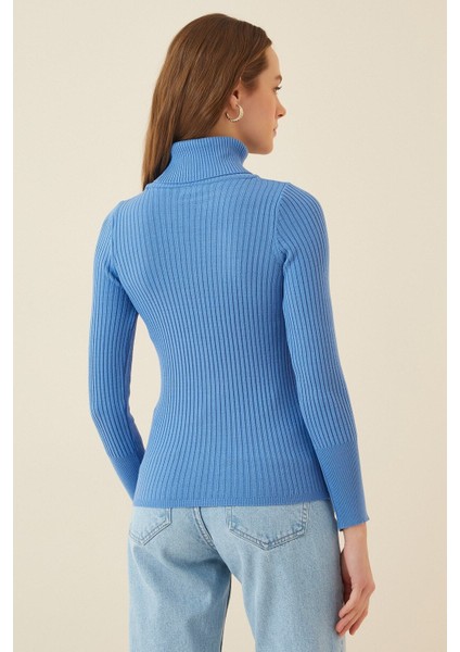 Kadın Mavi Boğazlı Fitilli Triko Balıkçı Yaka Kazak HZL22W-BD1445001 modelleri