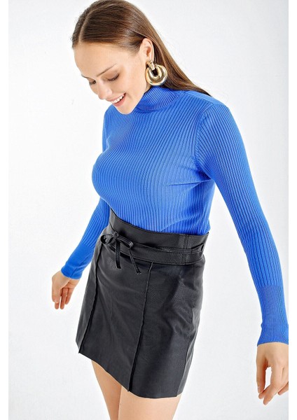 Kadın Mavi Boğazlı Fitilli Triko Balıkçı Yaka Kazak HZL22W-BD1445001 indirimleri