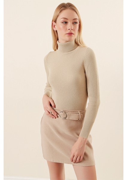 Kadın Bej Boğazlı Fitilli Triko Balıkçı Yaka Kazak HZL22W-BD1445001 modelleri