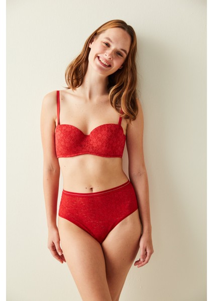 Kırmızı Yüksek Bel Dantelli Slip Külot