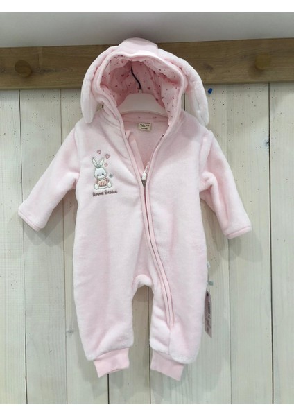 Tavşan Kulaklı Kapüşonlu Yumuşak Soft Kumaş Önden Fermuarlı Prenses Tavşan Desenli Kız Bebek Tulum Kozmonot